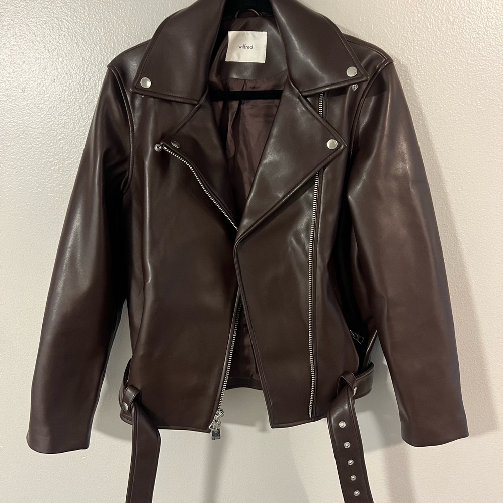 Wilfred Brown Leather Moto Jacket with Asymmetrical Zipper
